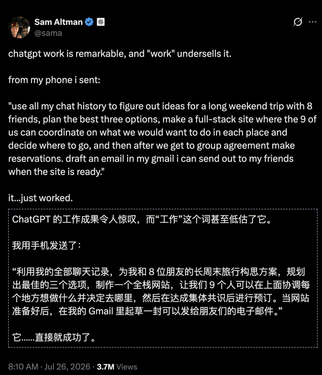 Sam Altman tweet about ChatGPT Work planning a group trip