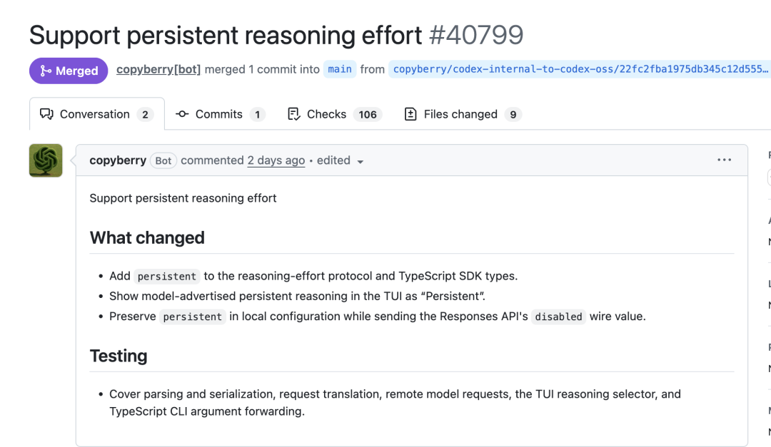 GitHub pull request adding persistent reasoning effort to Codex CLI