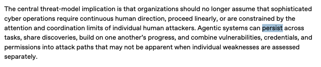 Report excerpt on the threat model implication of persistent agents