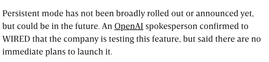 OpenAI confirmed to WIRED that persistent mode is in testing with no immediate launch plans
